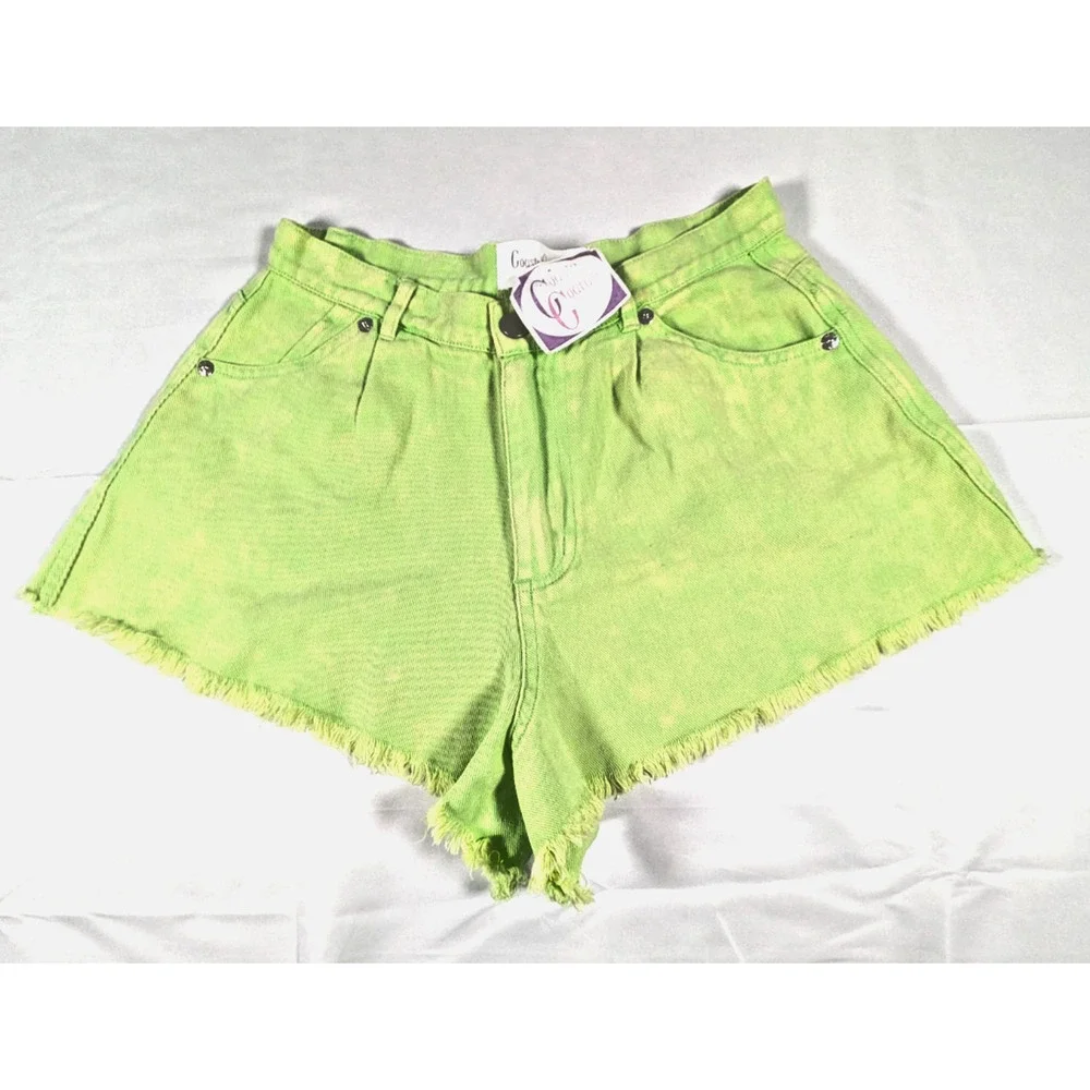 Cousin Couture Acid Wash Denim Shorts High Waisted Fringe Hem Small S Neon Green